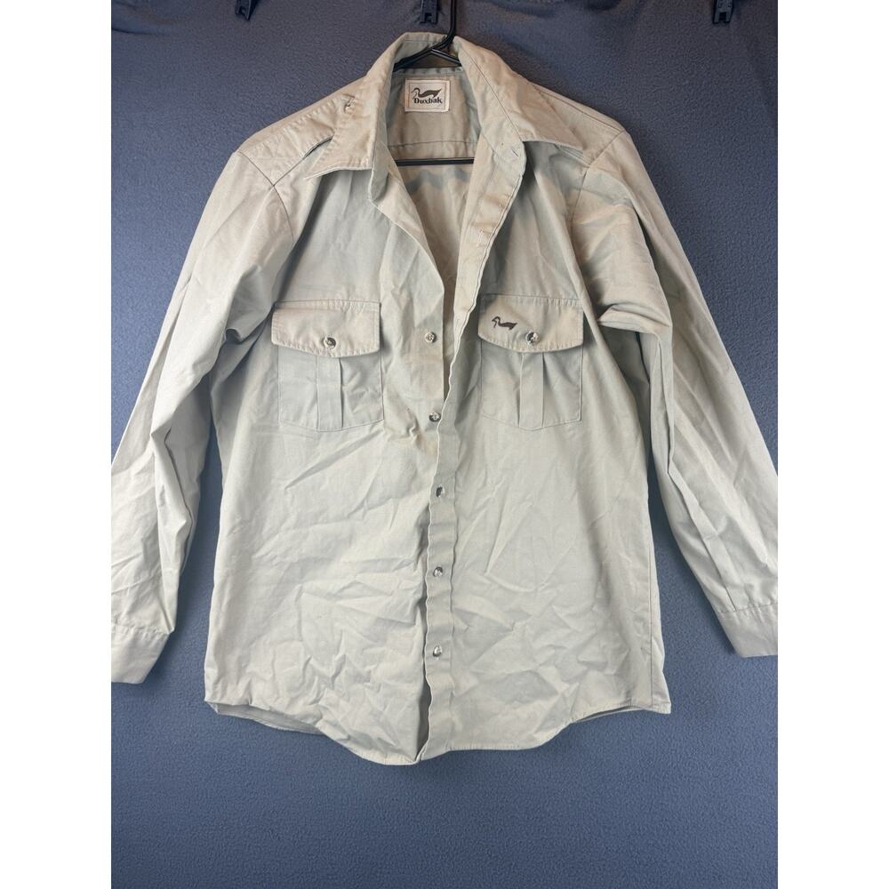 Vtg Duxbak Shirt Long Sleeve Button Front Hunting Fishing Tan Khaki Size M USA